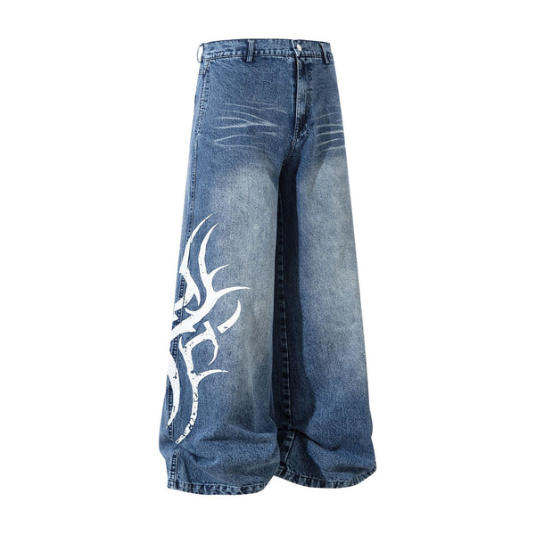 Washed Wide Leg Tribal Print Baggy Denim Jeans