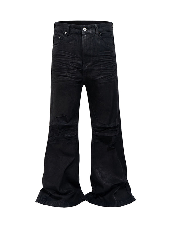 Wax-Coated Extreme Flared Black Denim Jeans