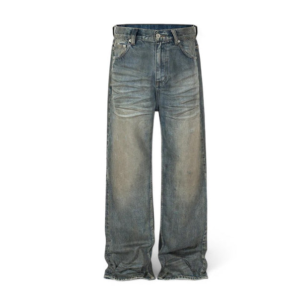 Whiskered Blue Distressed Wide Leg Jeans