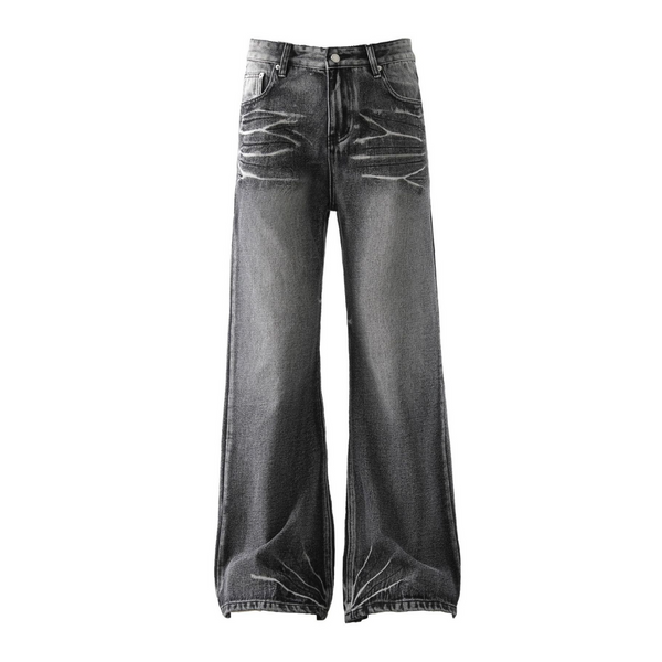 Lightning Crack Whiskered Loose Fit Wide Leg Jeans