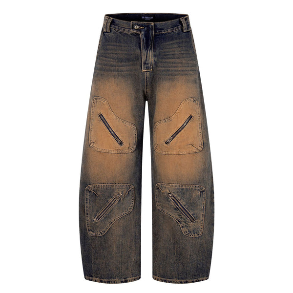 Wide-Leg Jeans with Zipper Patch Details and Ombre Wash Treatment