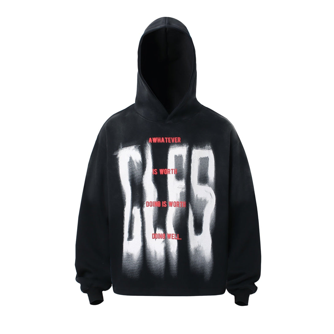 Black hoodie with white and red text on a white background