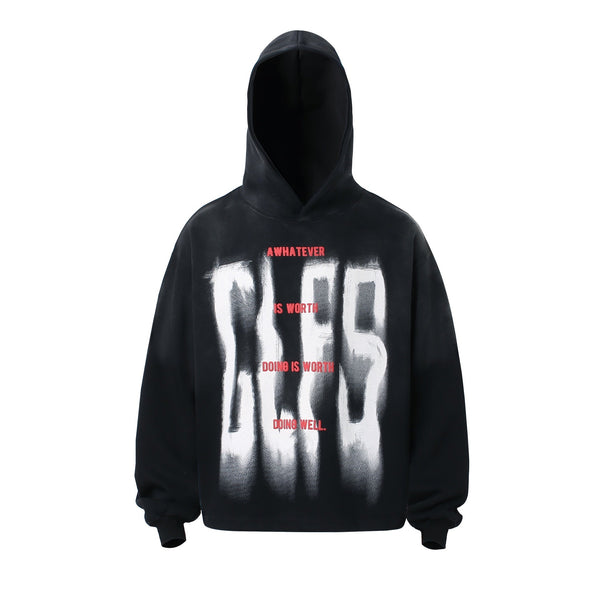 Black hoodie with white and red text on a white background